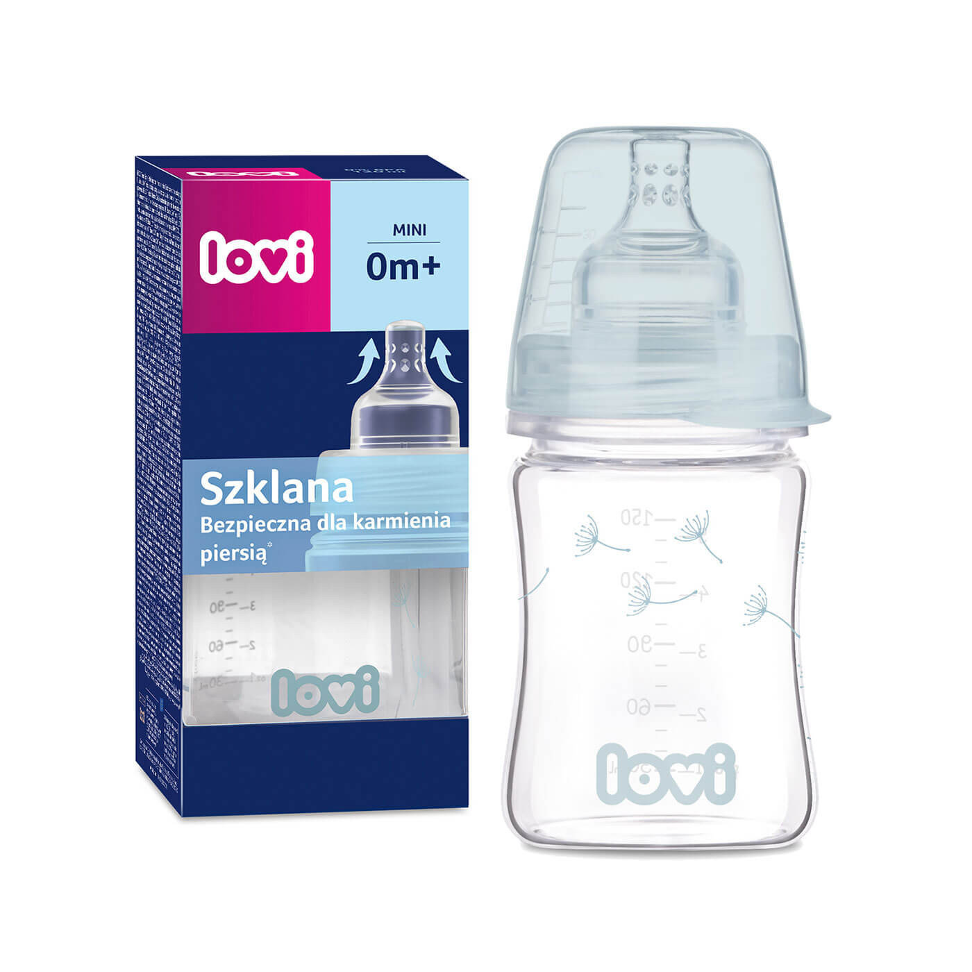 Butelka szklana antykolkowa 0m+ Lovi 150ml  + smoczek dla niemowląt