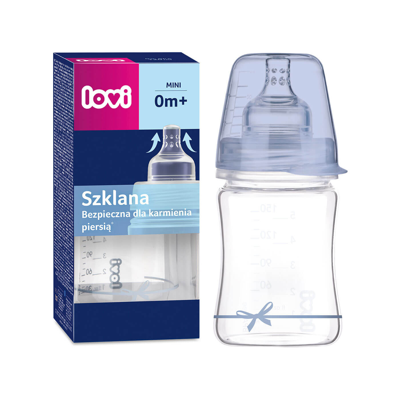 Butelka szklana antykolkowa Lovi 150ml - Butelka dla niemowlaka + smoczek 0m+ Baby Shower boy