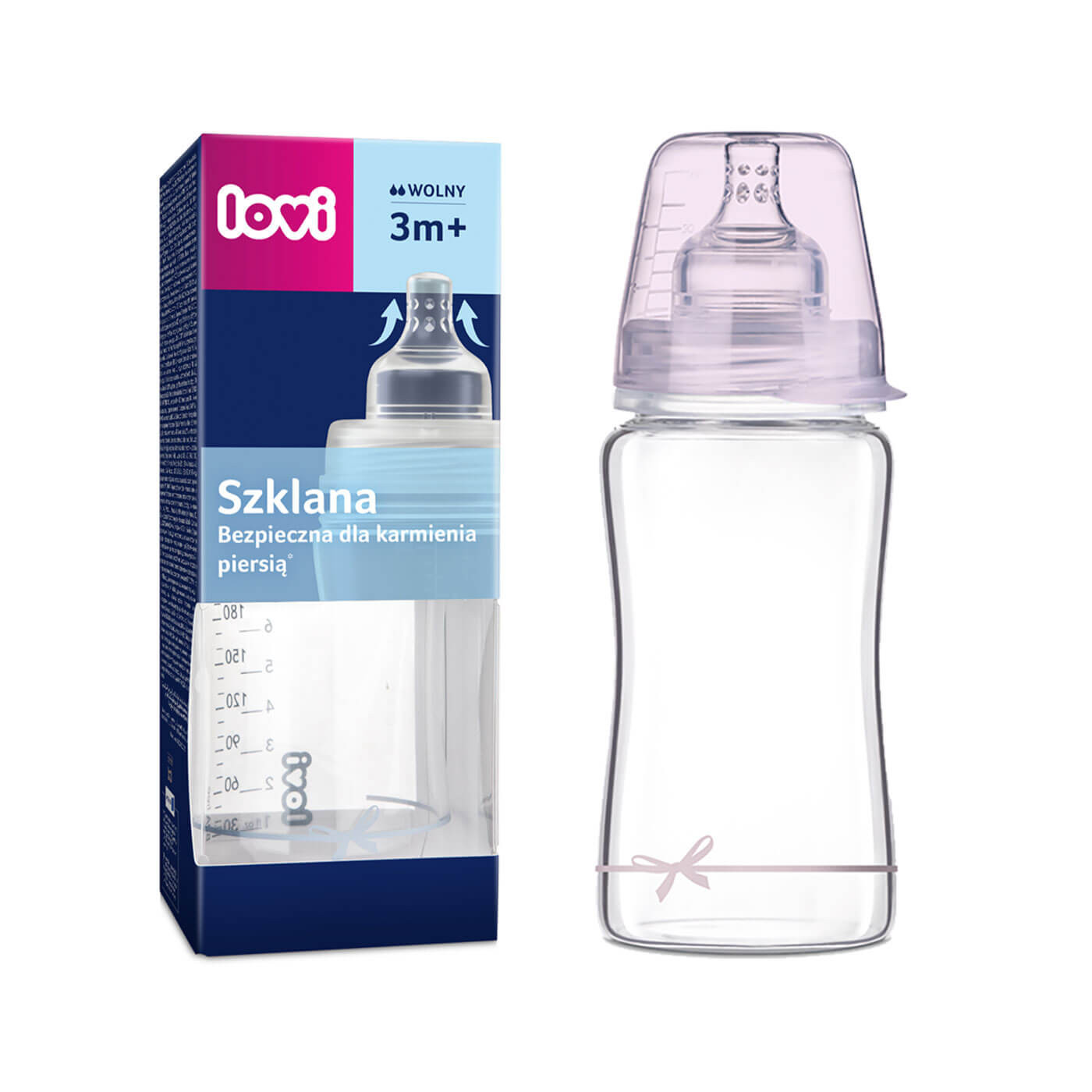 Butelka szklana antykolkowa 3m+ Lovi 250ml  + smoczek Baby Girl