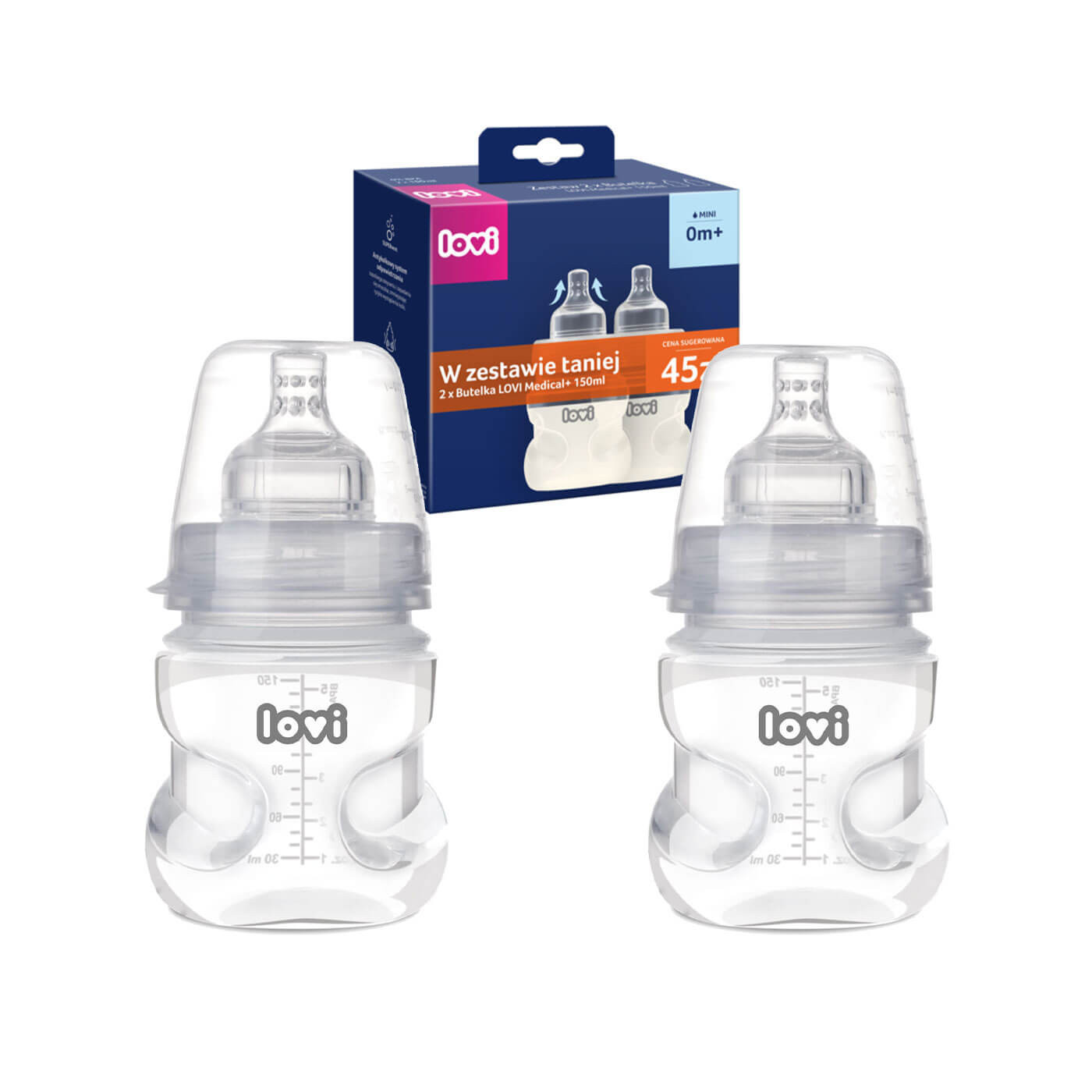 Butelka antykolkowa Lovi Medical+ 150ml + smoczek 0m Duopack butelek