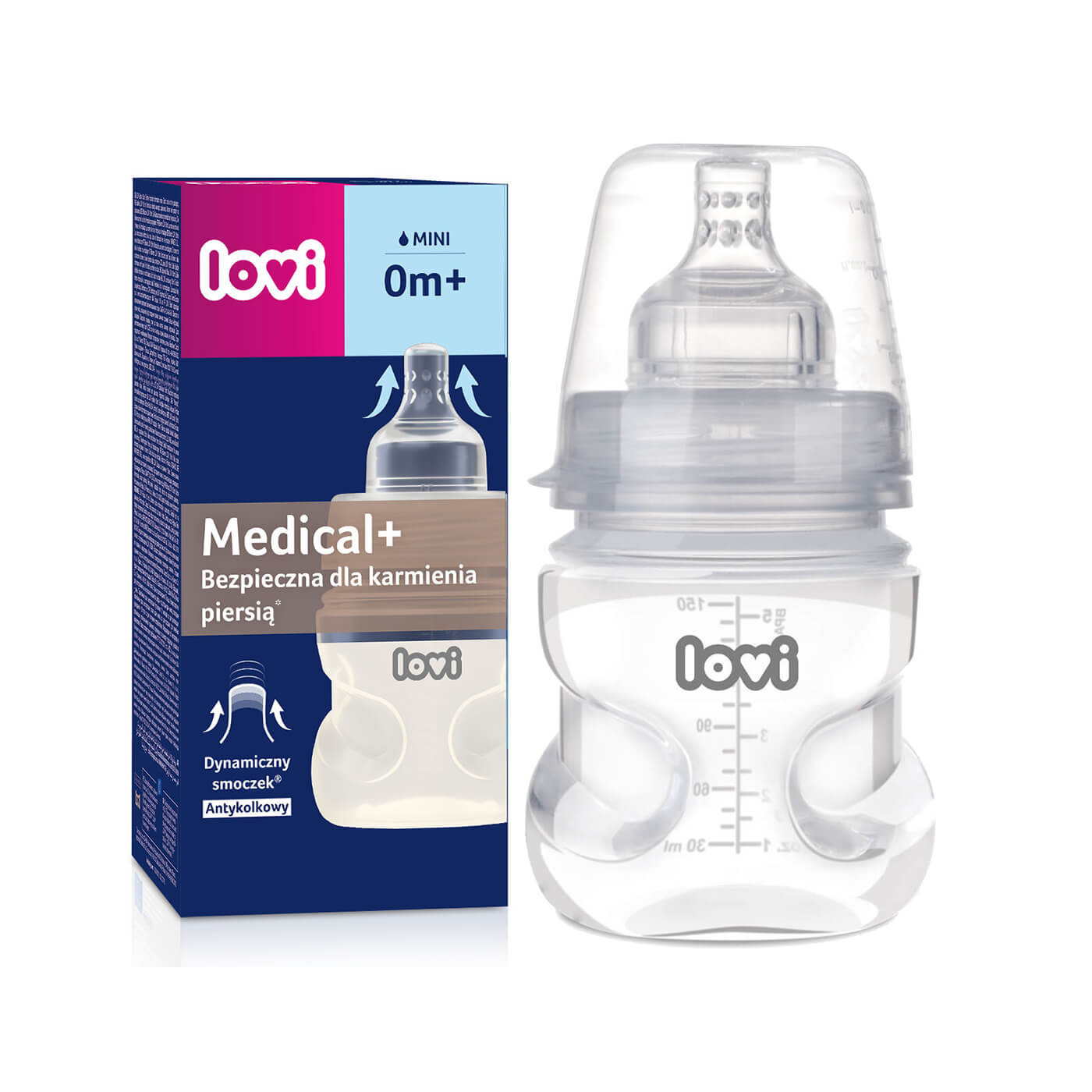 Butelka antykolkowa Lovi Medical+ 150ml + smoczek 0m+ dla niemowlaka