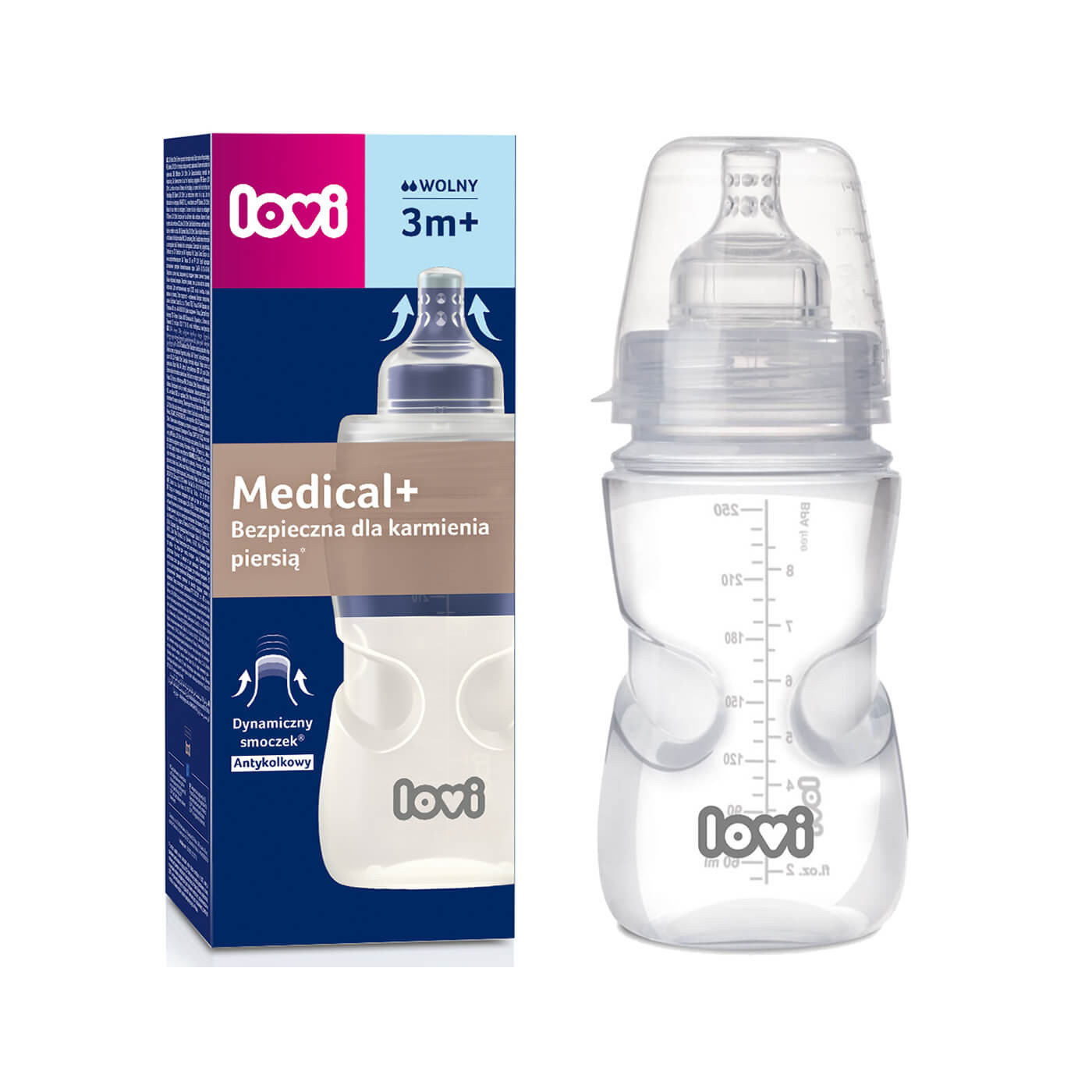 Butelka + smoczek od 3 m-ca antykolkowa Lovi Medical+ 250ml