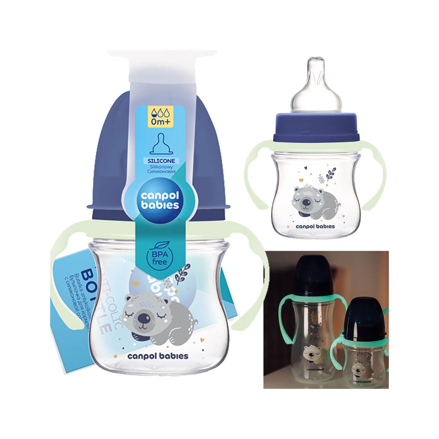 Butelka szeroka antykolkowa z świecącymi uchwytami 120ml Canpol babies