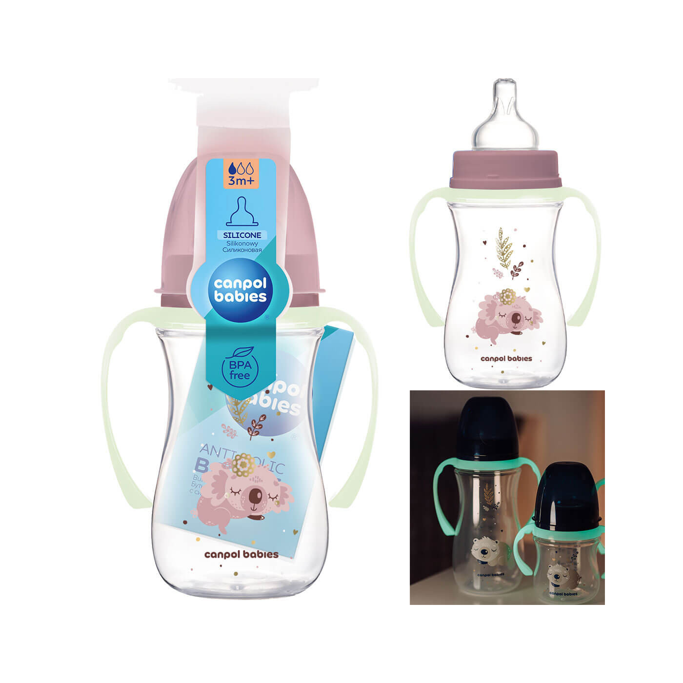 Butelka szeroka antykolkowa z świecącymi uchwytami 240ml Canpol różowy