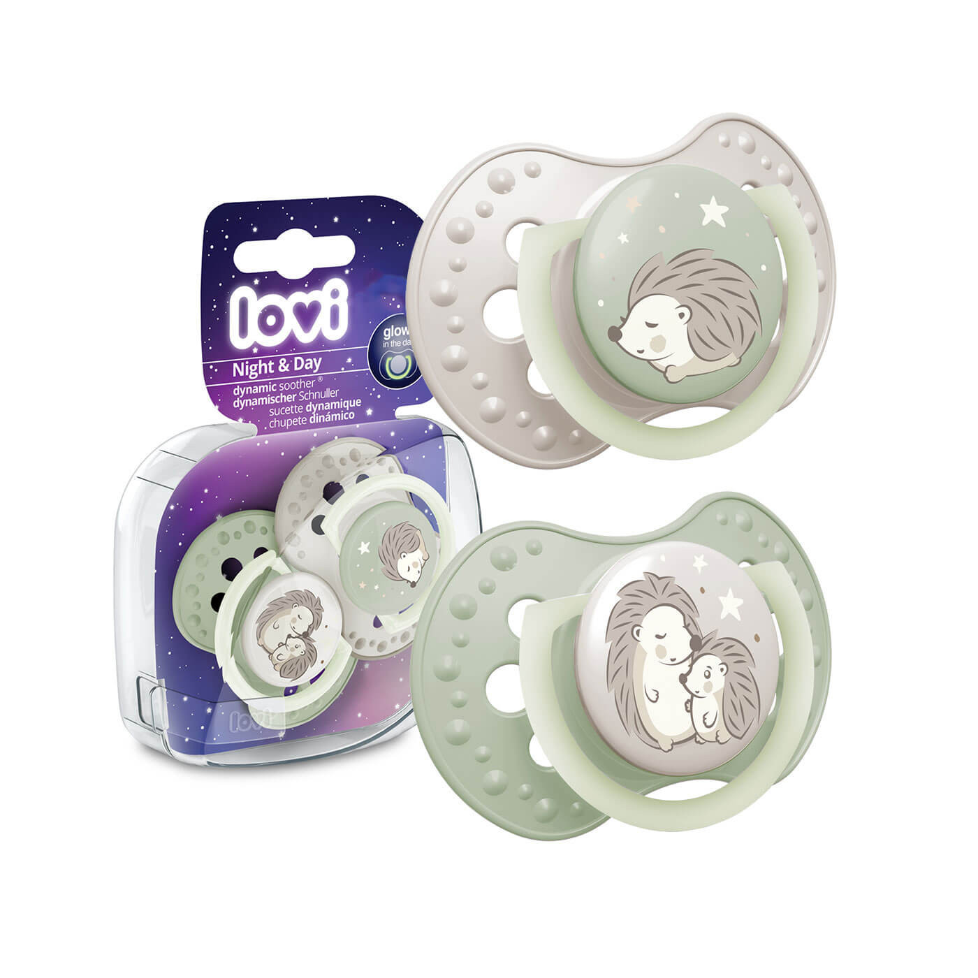 Smoczek uspokajający dla dziecka LOVI 0-6m Night&Day Hedgehog 2 szt