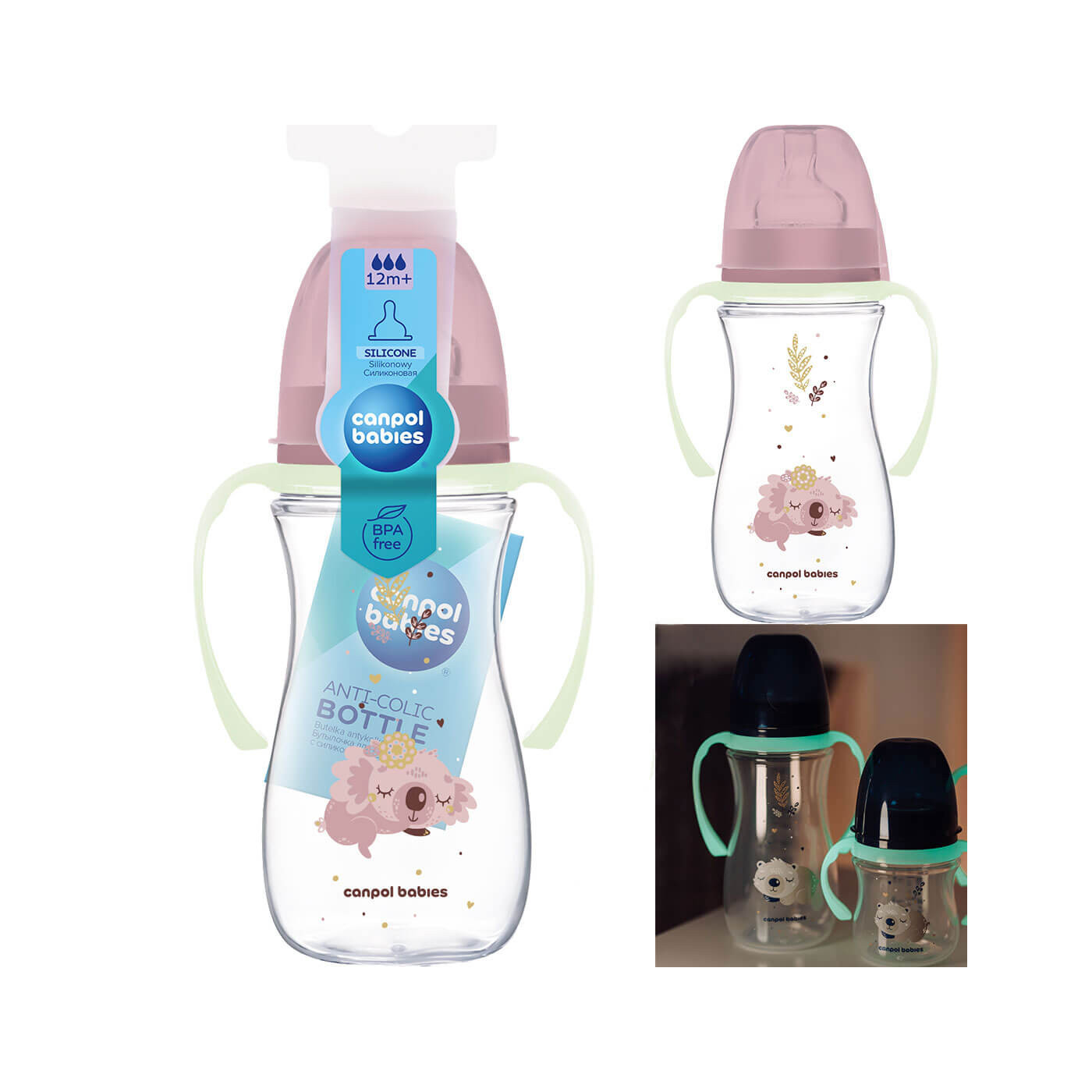 Butelka szeroka antykolkowa z świecącymi uchwytami 300ml Canpol różowy