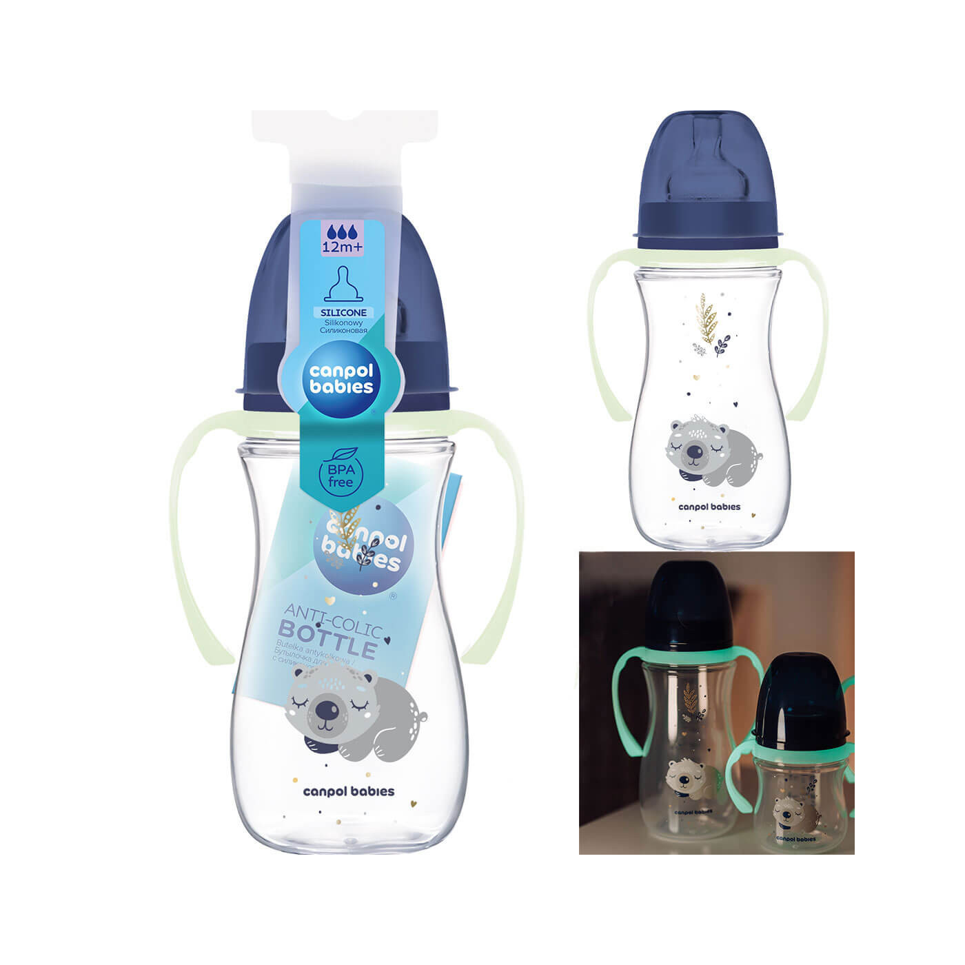 Butelka szeroka antykolkowa z świecącymi uchwytami 300ml Canpol blue