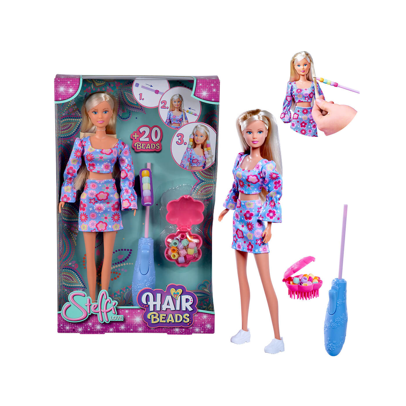 Lalka Steffi Love z przyrządem do nakładania koralików na włosy, grzebień