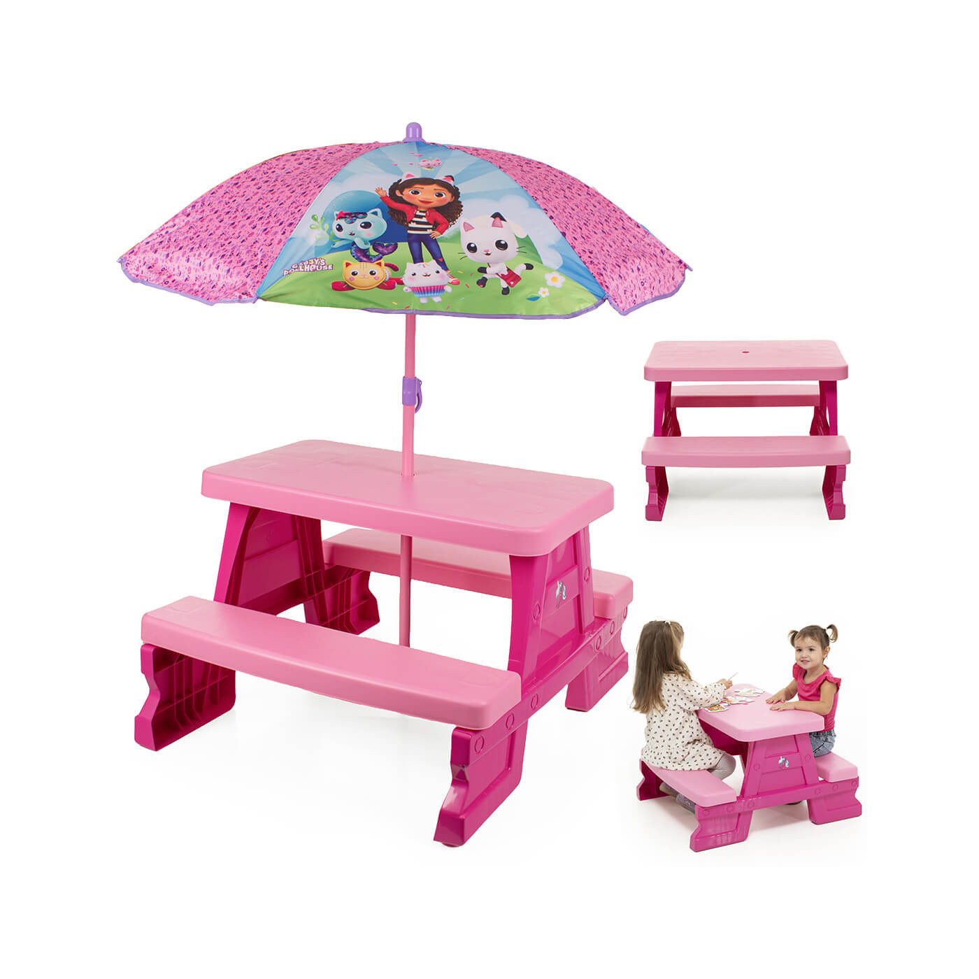 Stolik piknikowy z parasolką Gabi dla dziewczynki, stoliczek z parasolem różowy