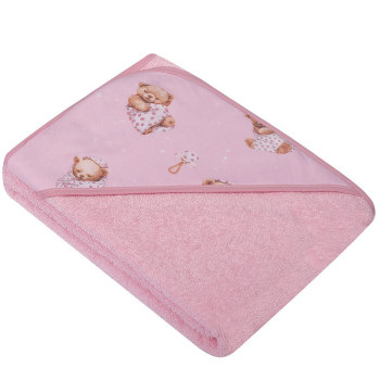Ręcznik z kapturkiem okrycie 80x80 cm BAWEŁNA druk Różowy Misie pod kołderką