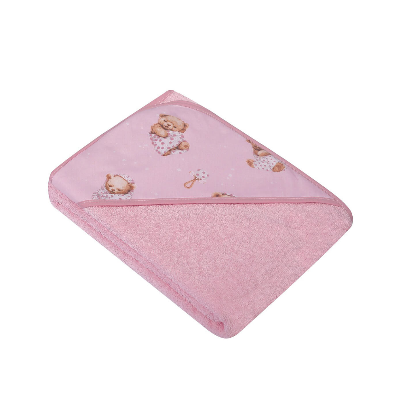 Ręcznik z kapturkiem okrycie 80x80 cm BAWEŁNA druk Różowy Misie pod kołderką