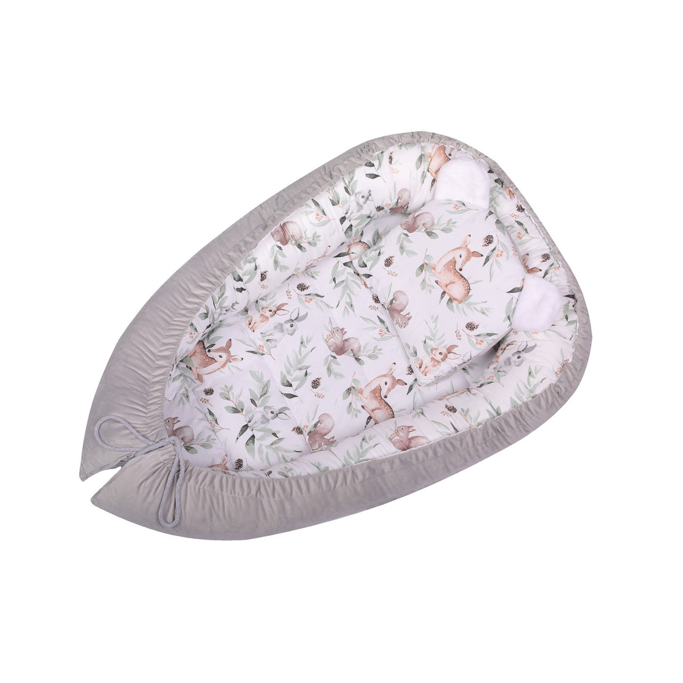 Kokon niemowlęcy Velvet, gniazdko z poduszką 80x50 cm Szare zwierzątka