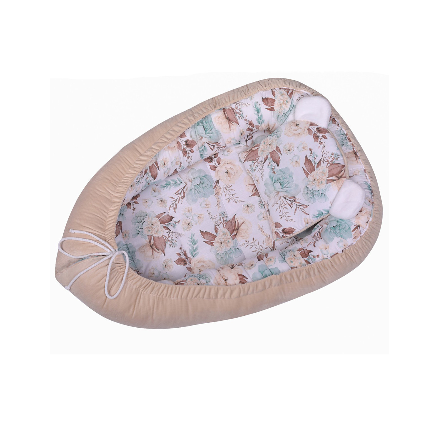 Kokon niemowlęcy Velvet, gniazdko z poduszką 80x50 cm Beżowe Kwiaty