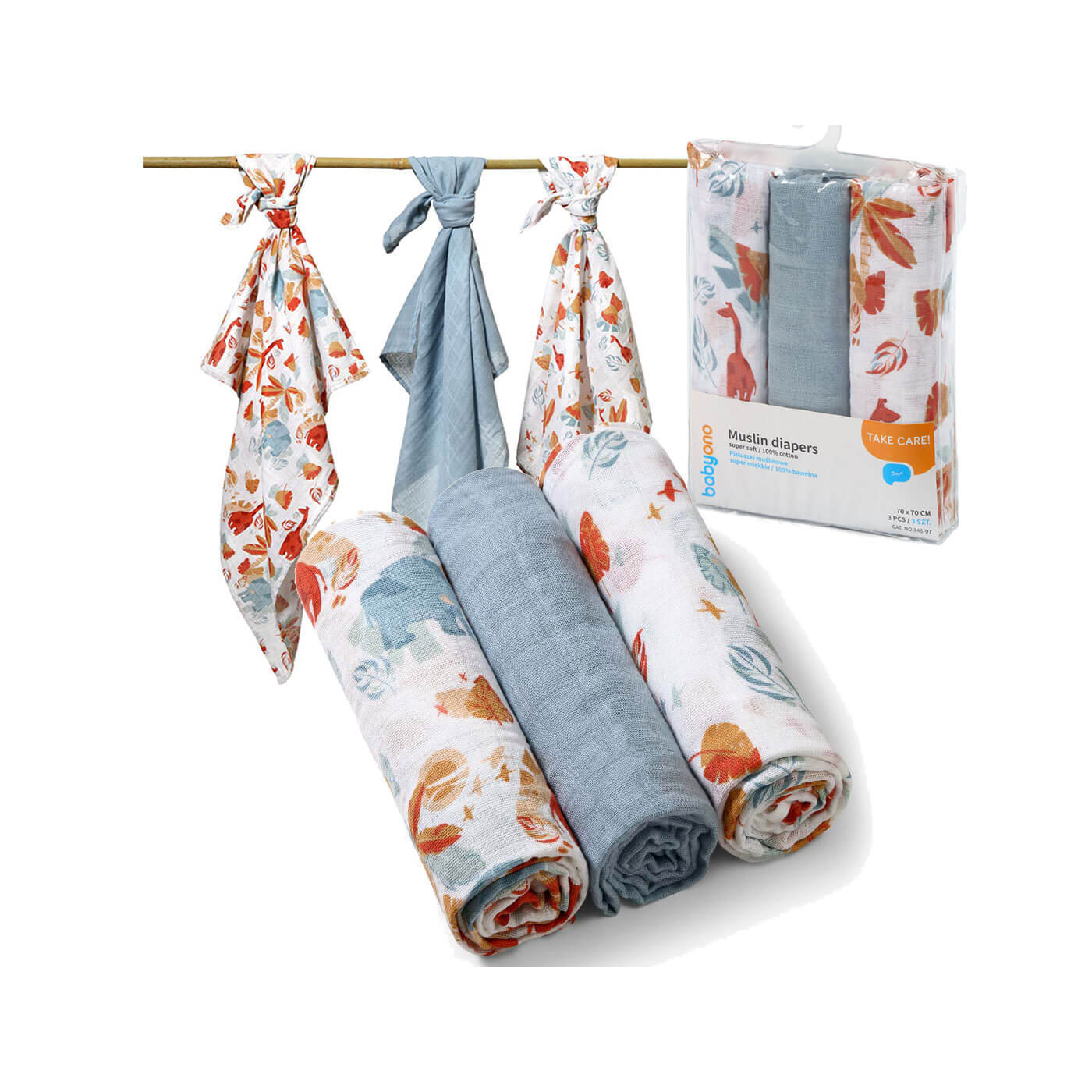 Pieluszki muślinowe 3 szt. ekstra miękkie, BabyOno 100% bawełna nieb.