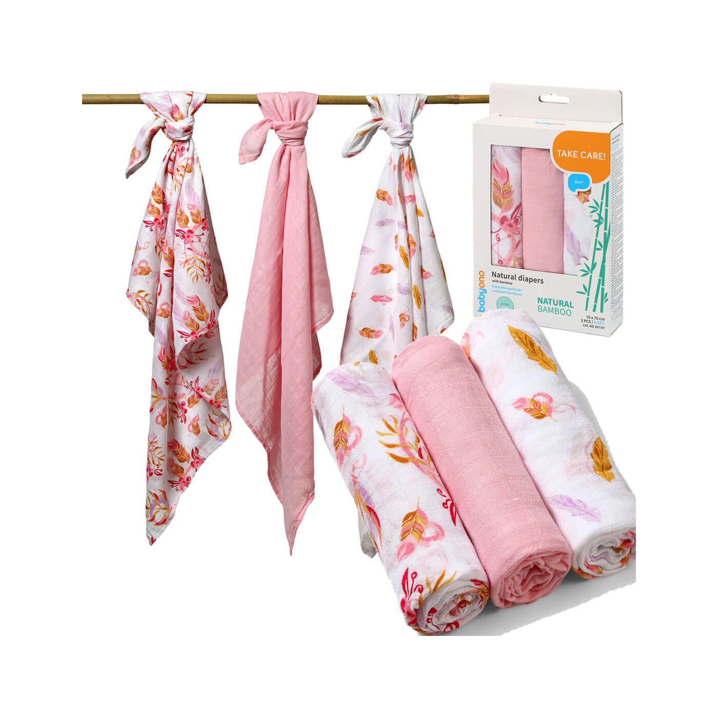 Pielucha bambusowa, 3 miękkie pieluszki 70x70 cm Różowe 3 szt