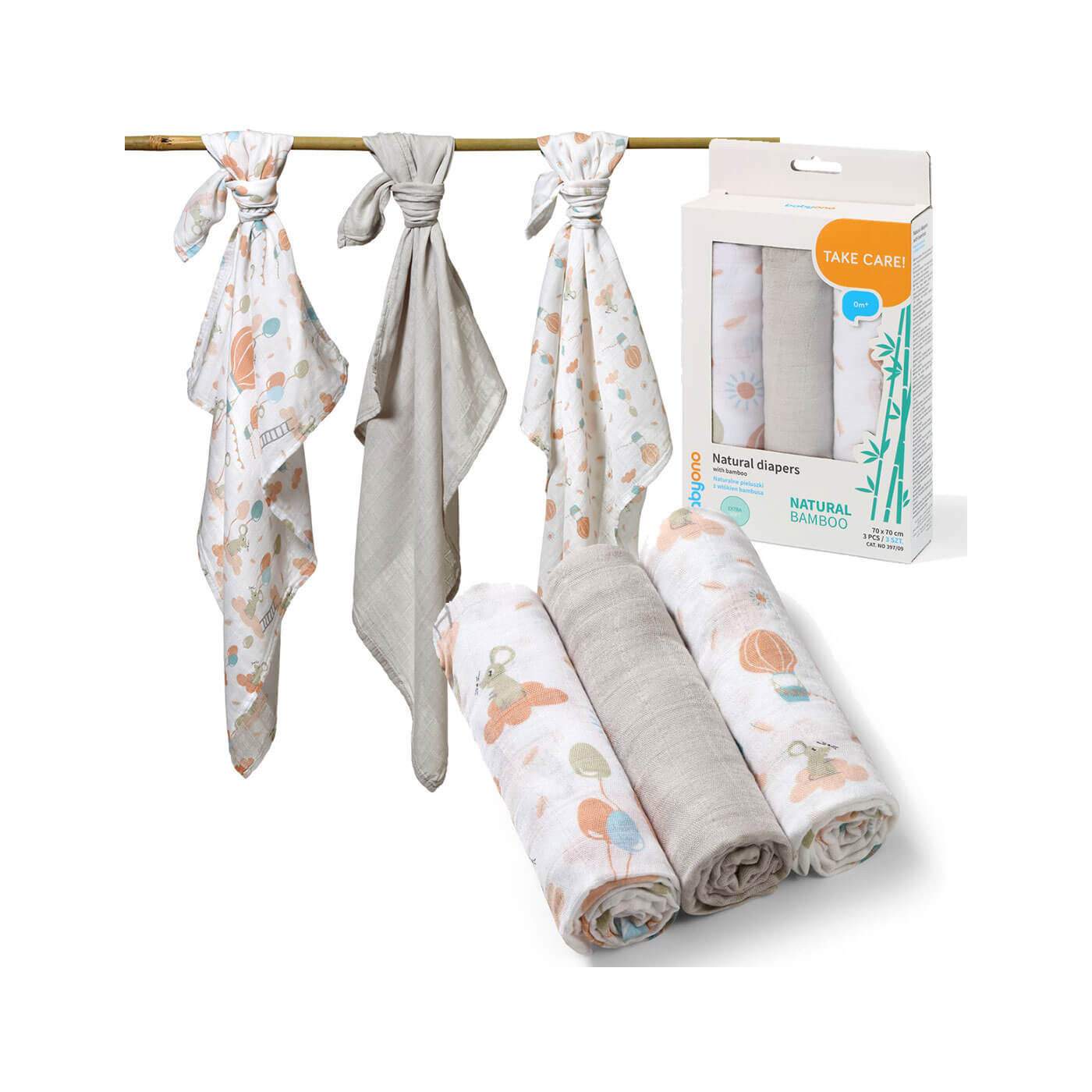 Pielucha bambusowa, 3 miękkie pieluszki 70x70 cm  3 szt. Szare Balony