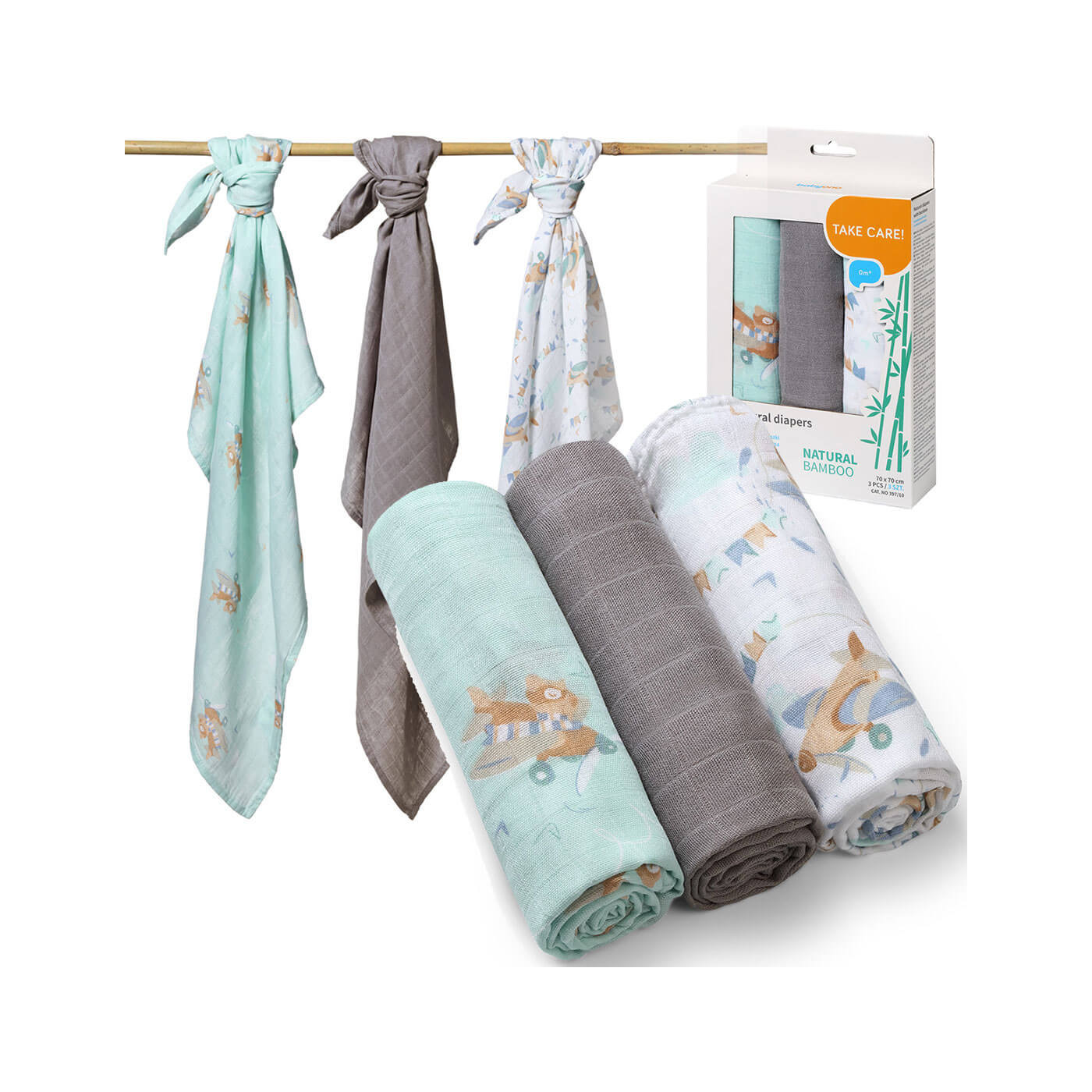 Pielucha bambusowa, 3 miękkie pieluszki 70x70cm 3 szt. Samolociki