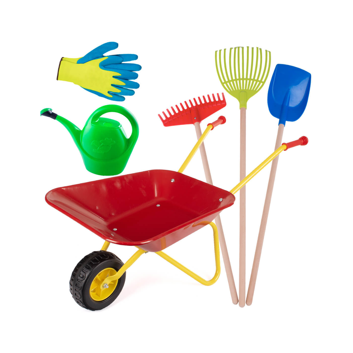 Taczki dla dzieci metalowe + zestaw narzędzi ogrodowych grabki, łopata, rękawice