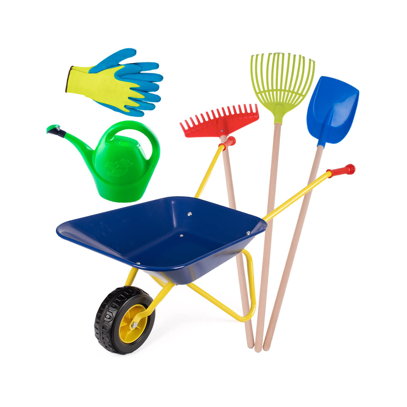 Taczki dziecięce metalowe + zestaw narzędzi ogrodowych grabki, łopata, rękawice