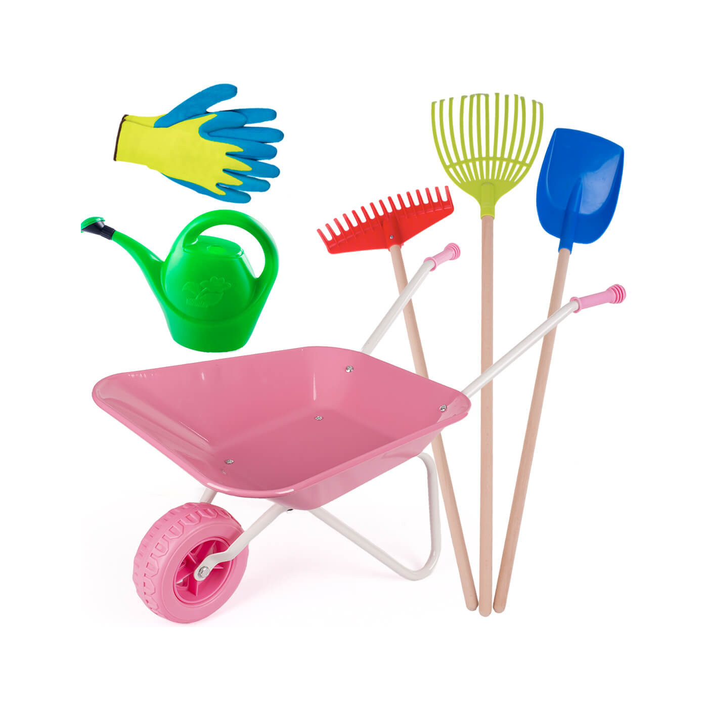 Taczki dla dzieci metalowe + zestaw narzędzi grabki, łopata, rękawice