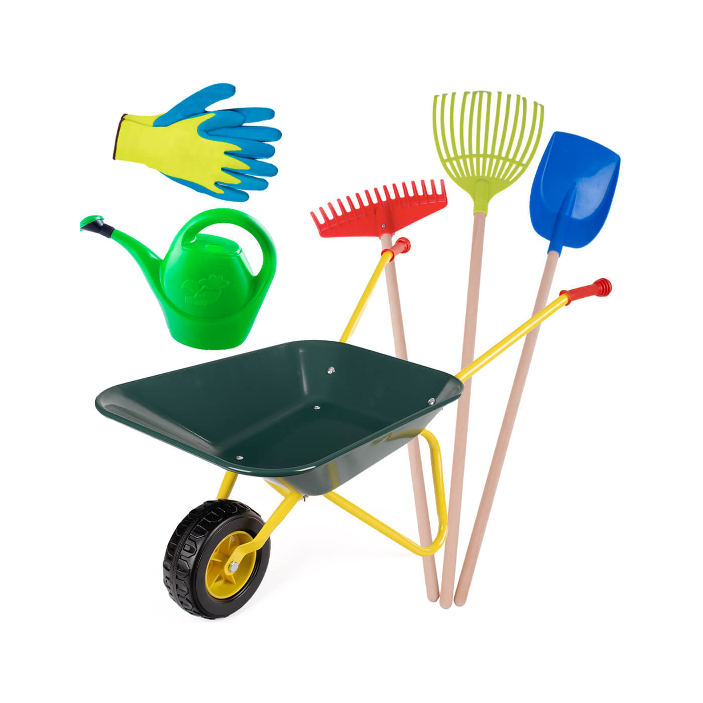Duże Taczki dla dzieci metalowe + narzędzia: grabki, łopata, rękawice, konewka