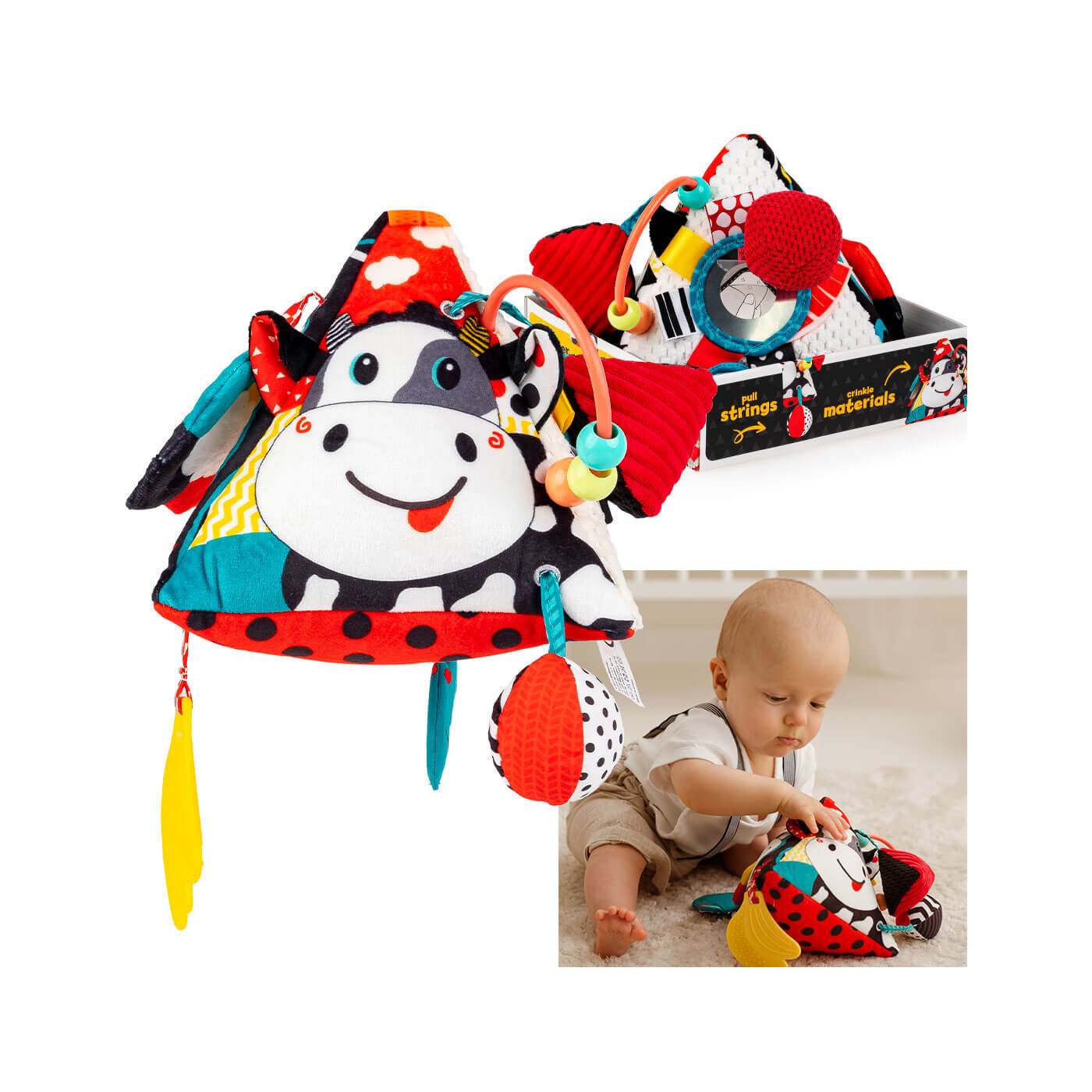 Piramidka sensoryczna pluszowa Krowa z lusterkiem i dzwoneczkiem