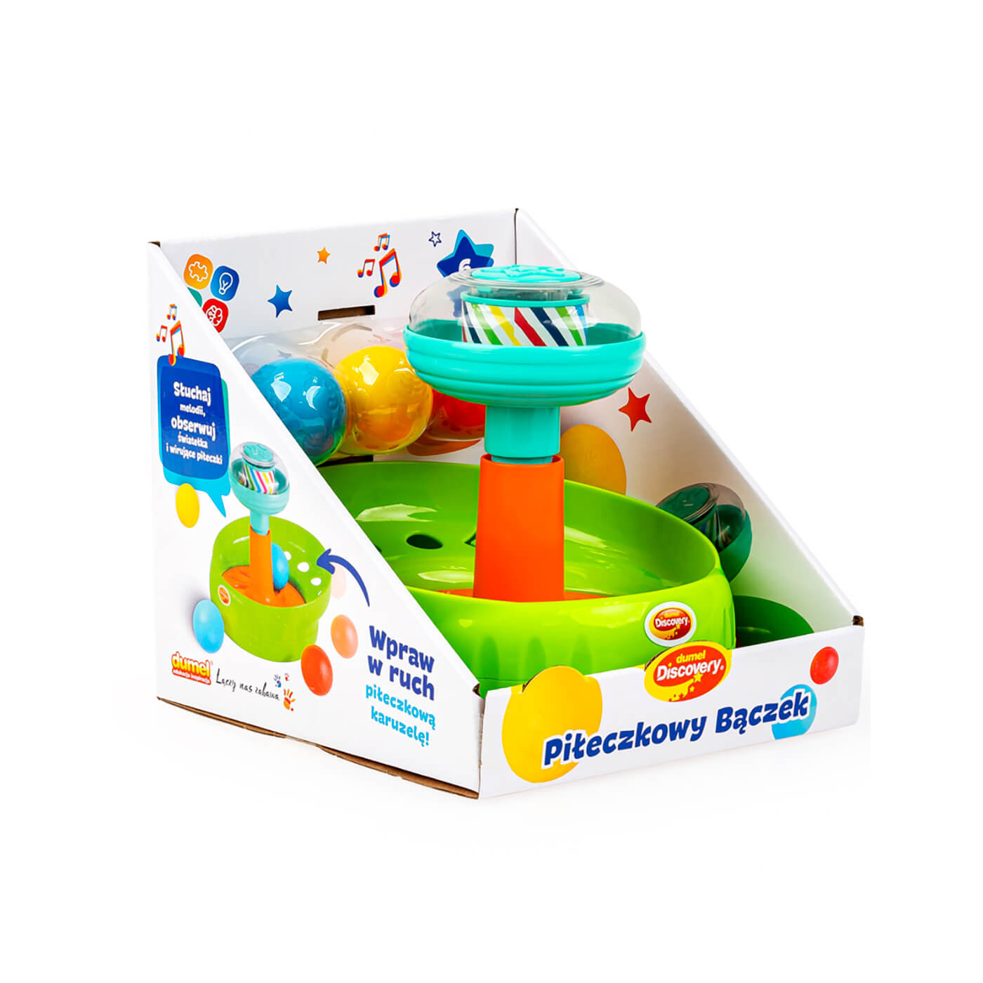 Piłeczkowy Bączek z muzyką, zabawka dla maluszka 6m+ Dumel