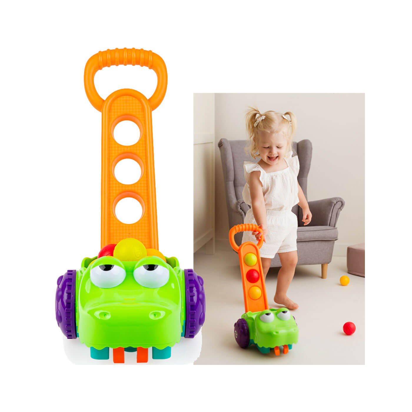 Krokodyl Piłeczkowy pościg Pchacz z rączką 12m+ Dumel Tuli Fun