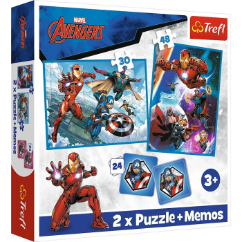 Puzzle 2w1 Avengers 30 i 48 el. + memos 24 el. Bohaterowie w akcji Trefl 3+