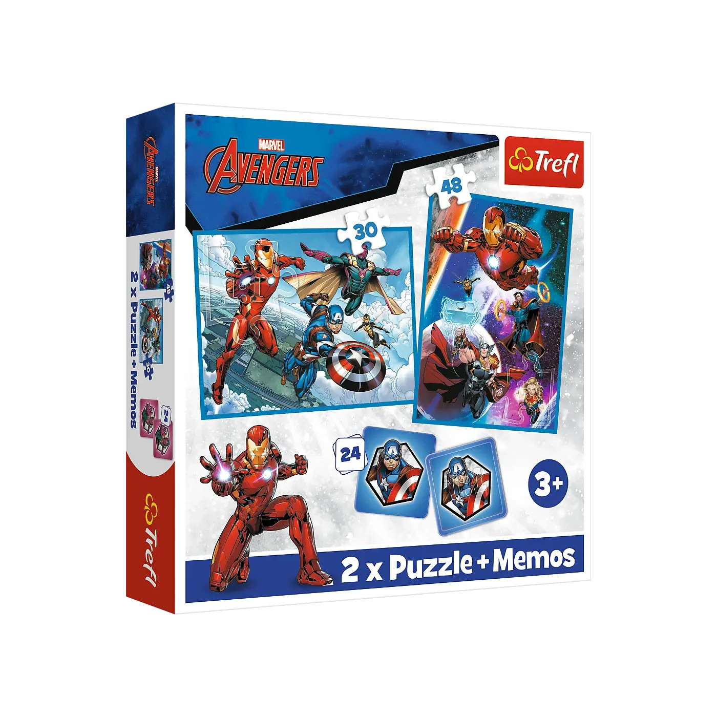 Puzzle 2w1 Avengers 30 i 48 el. + memos 24 el. Bohaterowie w akcji Trefl 3+