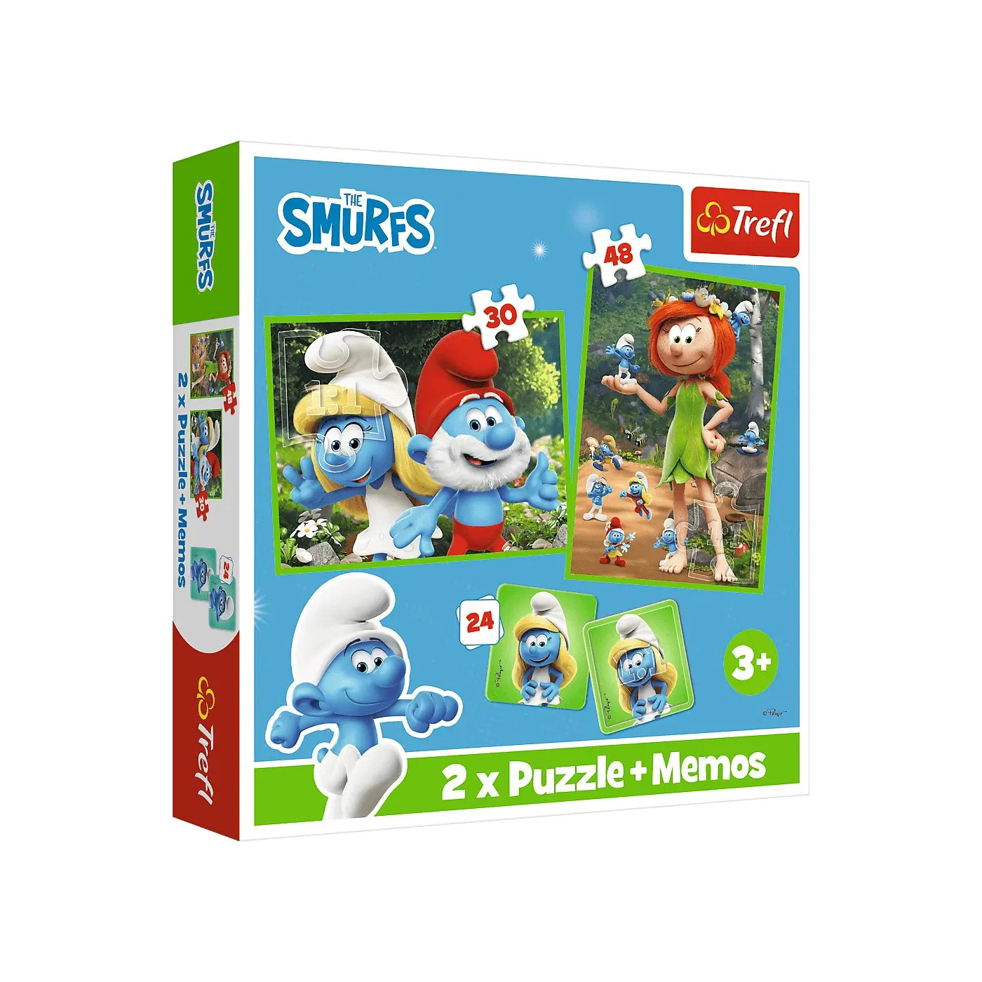 Puzzle 2w1 Smerfy 30 i 48 el. + memos 24 el. Wesołe zabawy Smerfów Trefl 3+