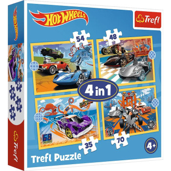 Puzzle 4w1 Hot Wheels Pojazdy samochody Trefl - 4 obrazki 4+
