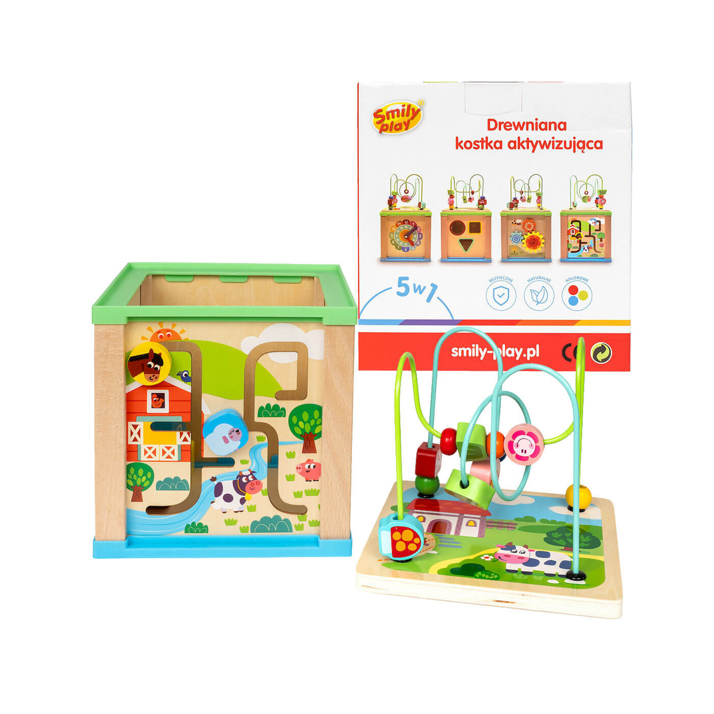 Kostka, sorter kształtów drewniany z zegarem i labiryntem Anek