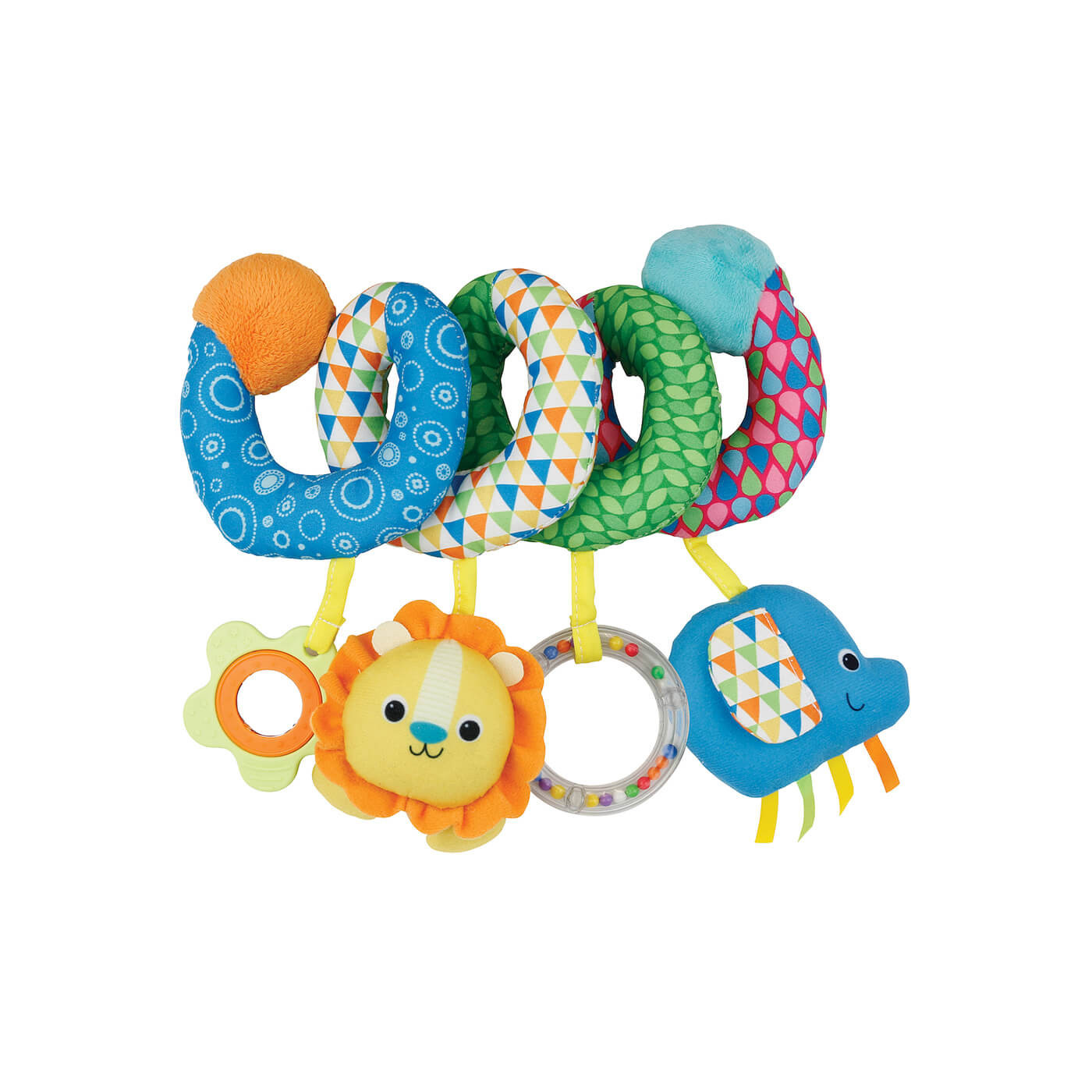 ANEK Sensoryczna Zawieszka Spirala – Miękka Maskotka z Grzechotkami, Lusterkiem i Gryzakiem +3m