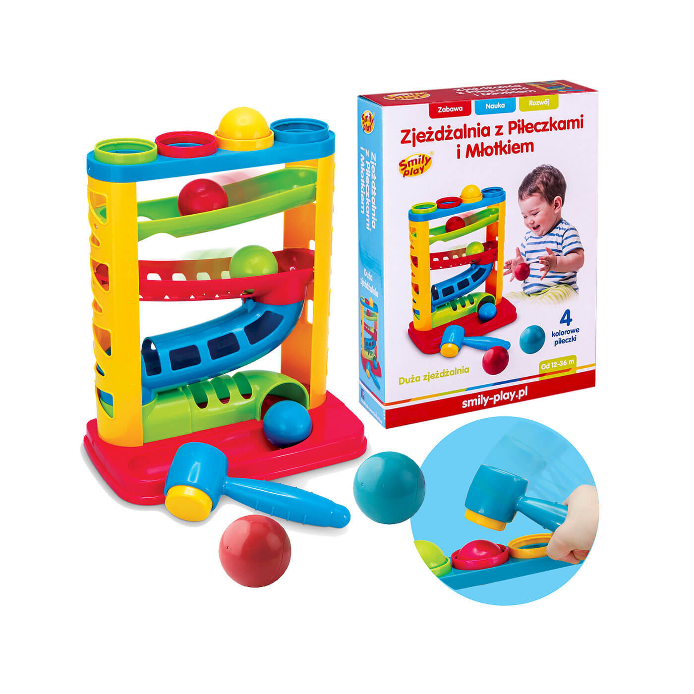 Smily Play SP82932 – Kolorowa zjeżdżalnia z piłeczkami i młotkiem, zabawa i rozwój dla malucha