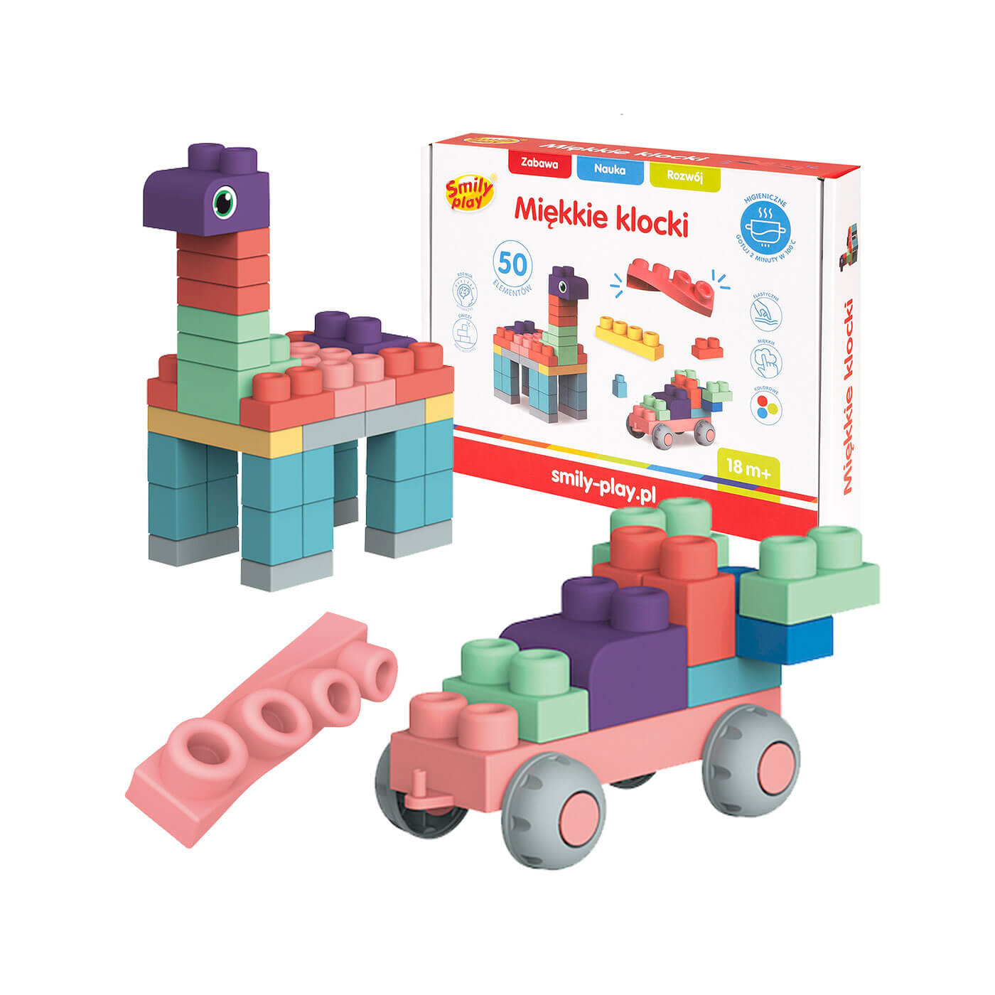 Smily Play SP84943 – Miękkie pastelowe klocki 50 el. – rozwój i zabawa dla malucha