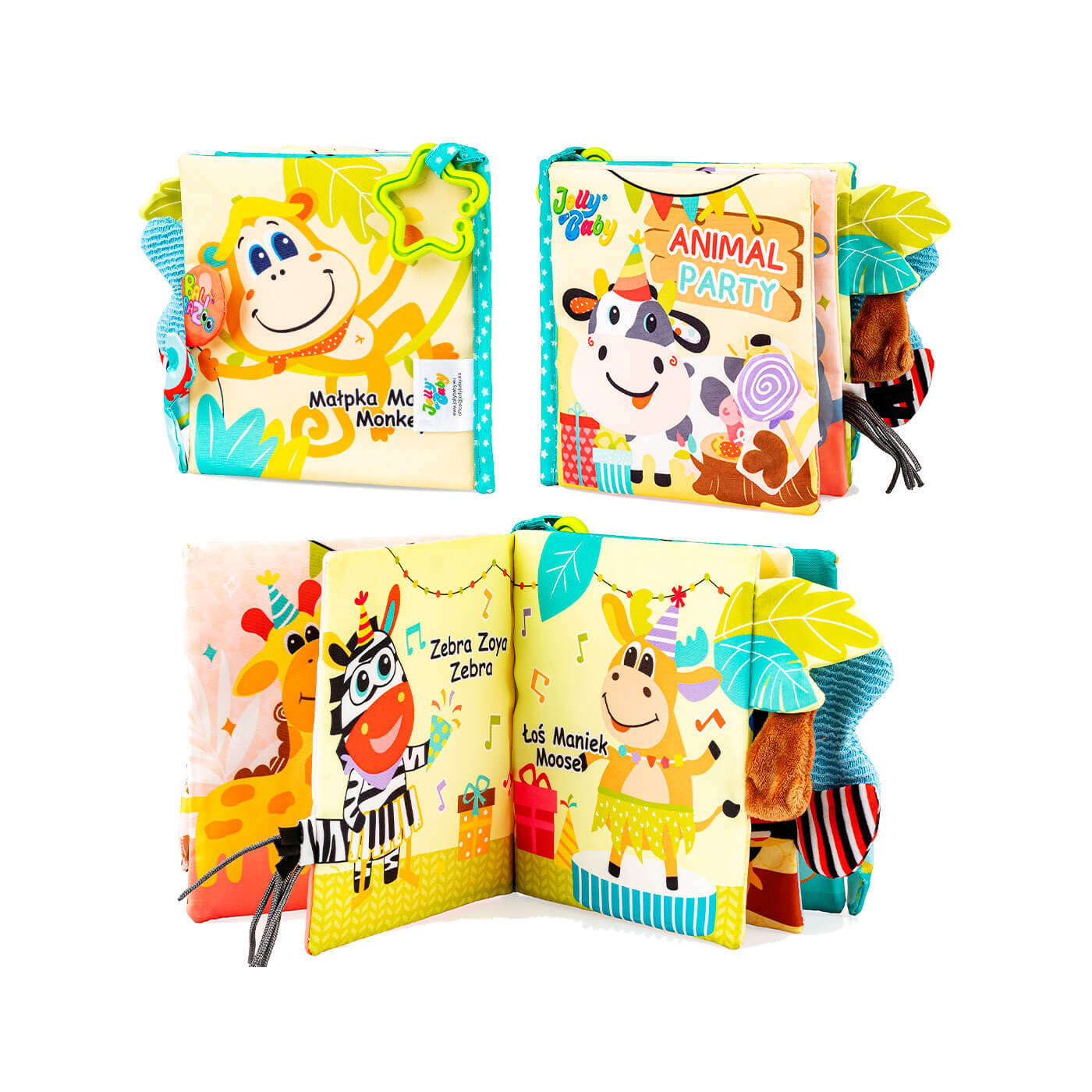 Zwierzaki na Urodzinach Jolly Baby JB 82592 – materiałowa książeczka sensoryczna 0m+