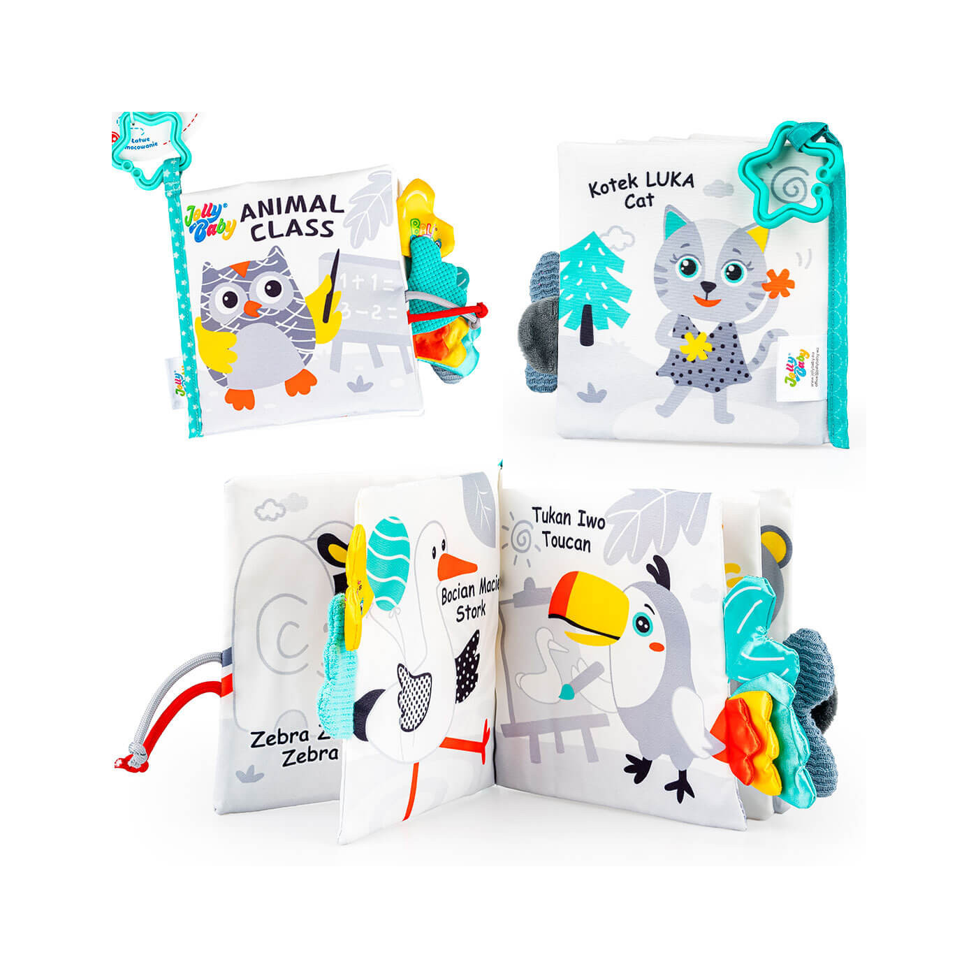 Sprytne Zwierzaki Jolly Baby JB 82593 – materiałowa książeczka sensoryczna 0m+