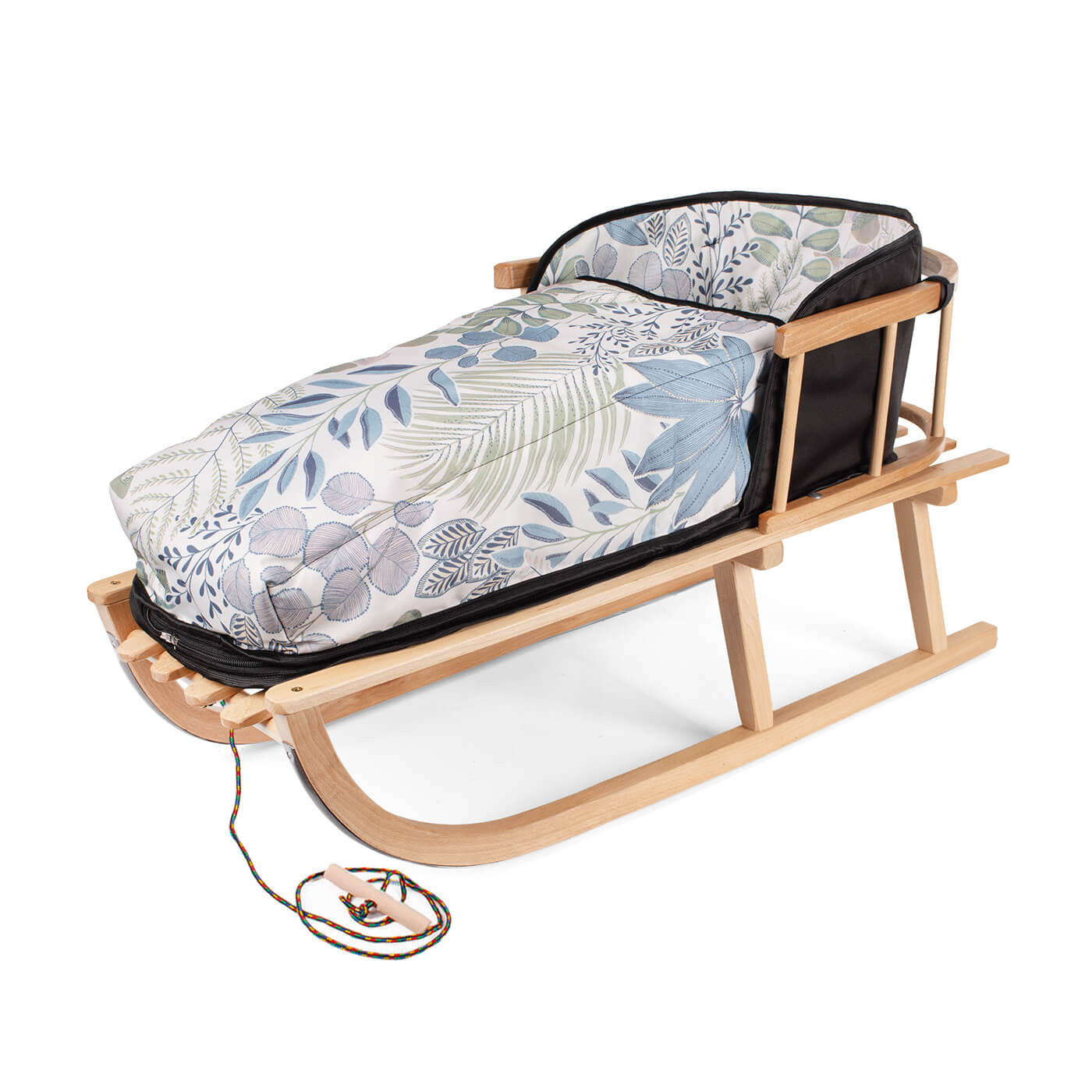 Sanki ze śpiworkiem i oparciem drewniane + sznurek z uchwytem