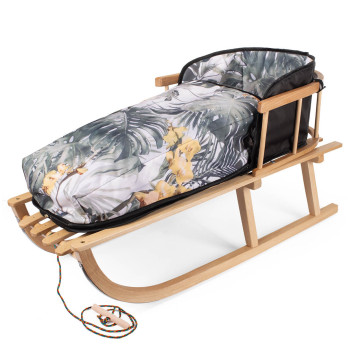 Sanki drewniane ze śpiworkiem i oparciem + sznurek i uchwyt w zestawie