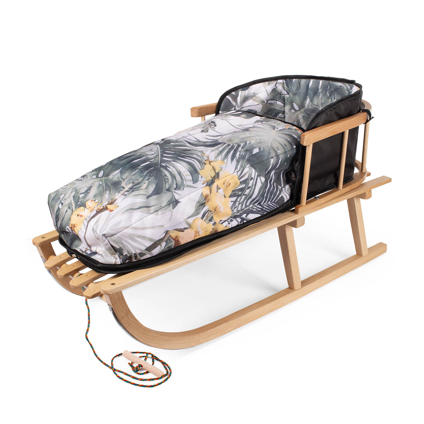 Sanki drewniane ze śpiworkiem i oparciem + sznurek i uchwyt w zestawie