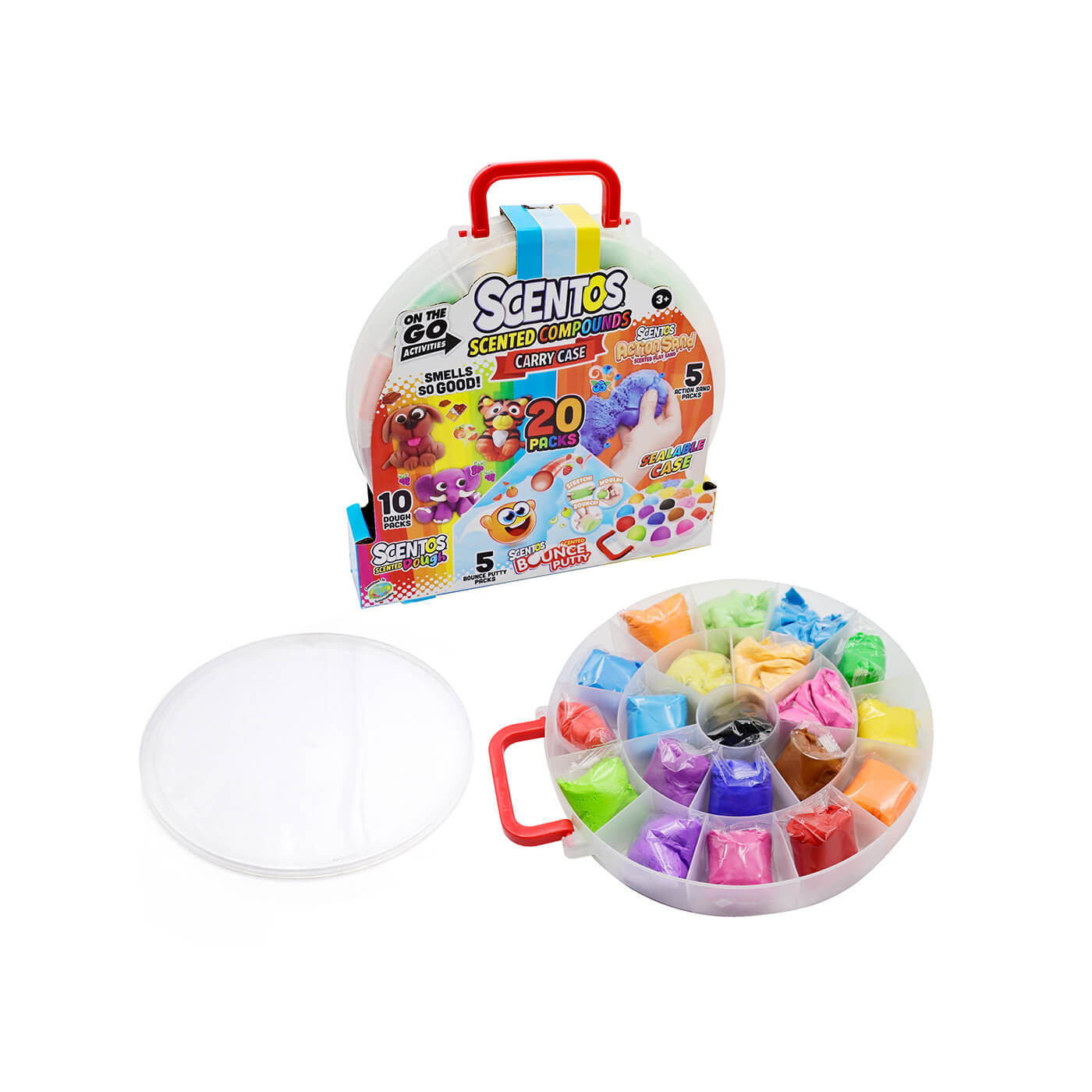 Scentos Pachnące Masy Plastyczne – Walizeczka 20 szt. z ciastoliną i piaskiem kinetycznym