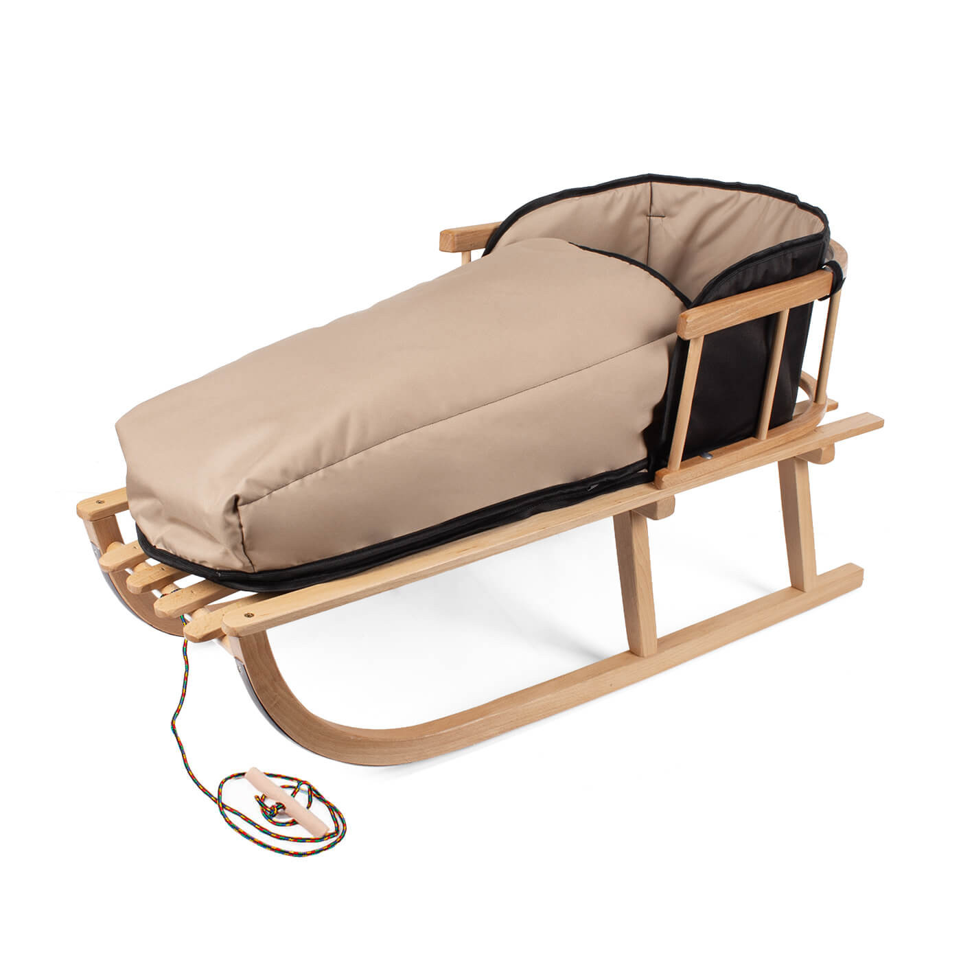 Sanki ze śpiworkiem i oparciem dla dzieci, sznurek z uchwytem w zestawie