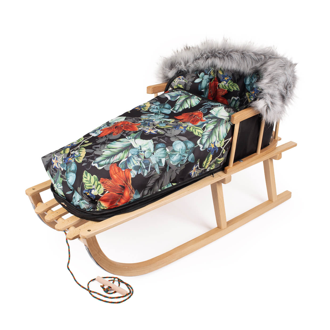 Sanki dziecięce ze śpiworkiem i oparciem dla dzieci, sznurek z uchwytem w zestawie