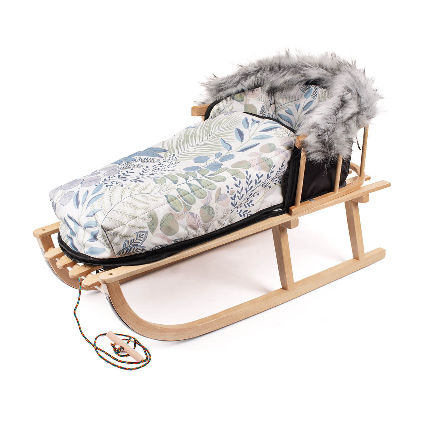 Sanki z oparciem + śpiworek, sznurek z uchwytem bukowe producent