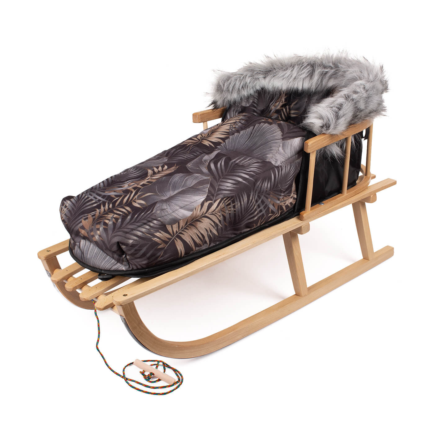 Sanki drewniane z oparciem i śpiworkiem, sznurek gratis!