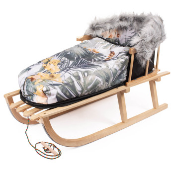 Sanki z oparciem drewniane + ciepły śpiworek dziecięcy zestaw