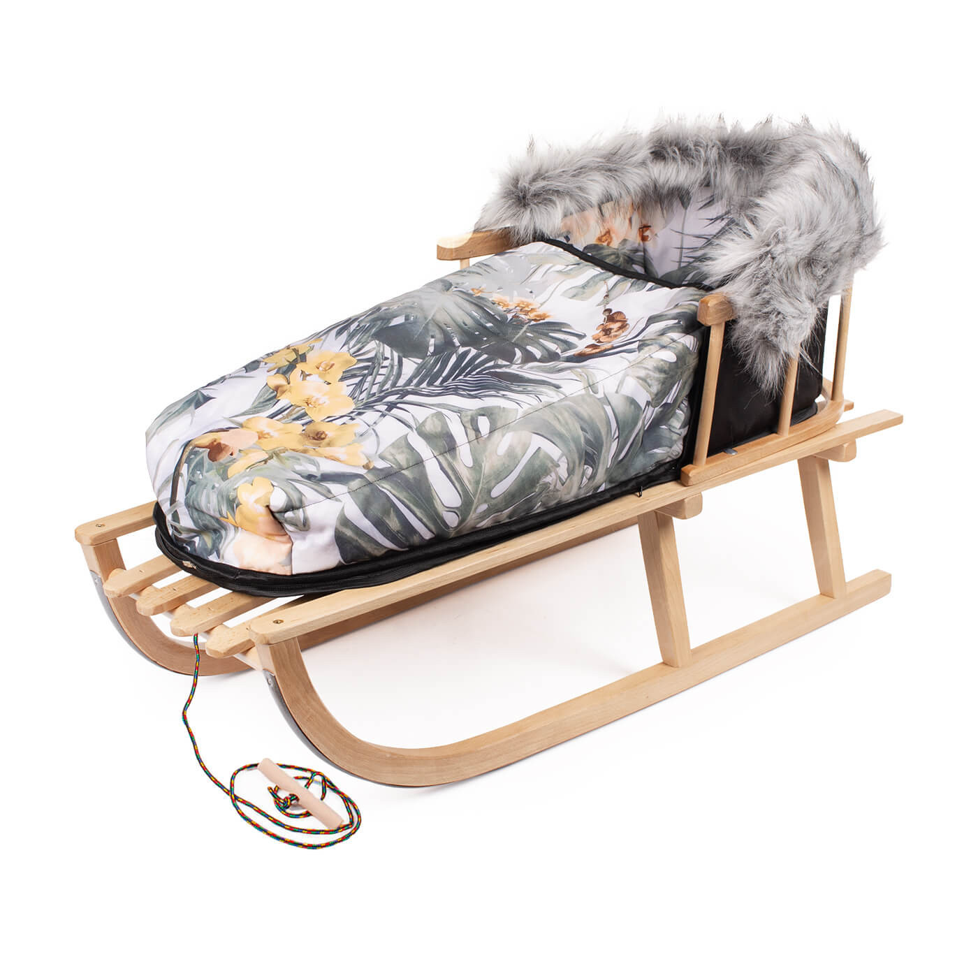 Sanki z oparciem drewniane + ciepły śpiworek dziecięcy zestaw