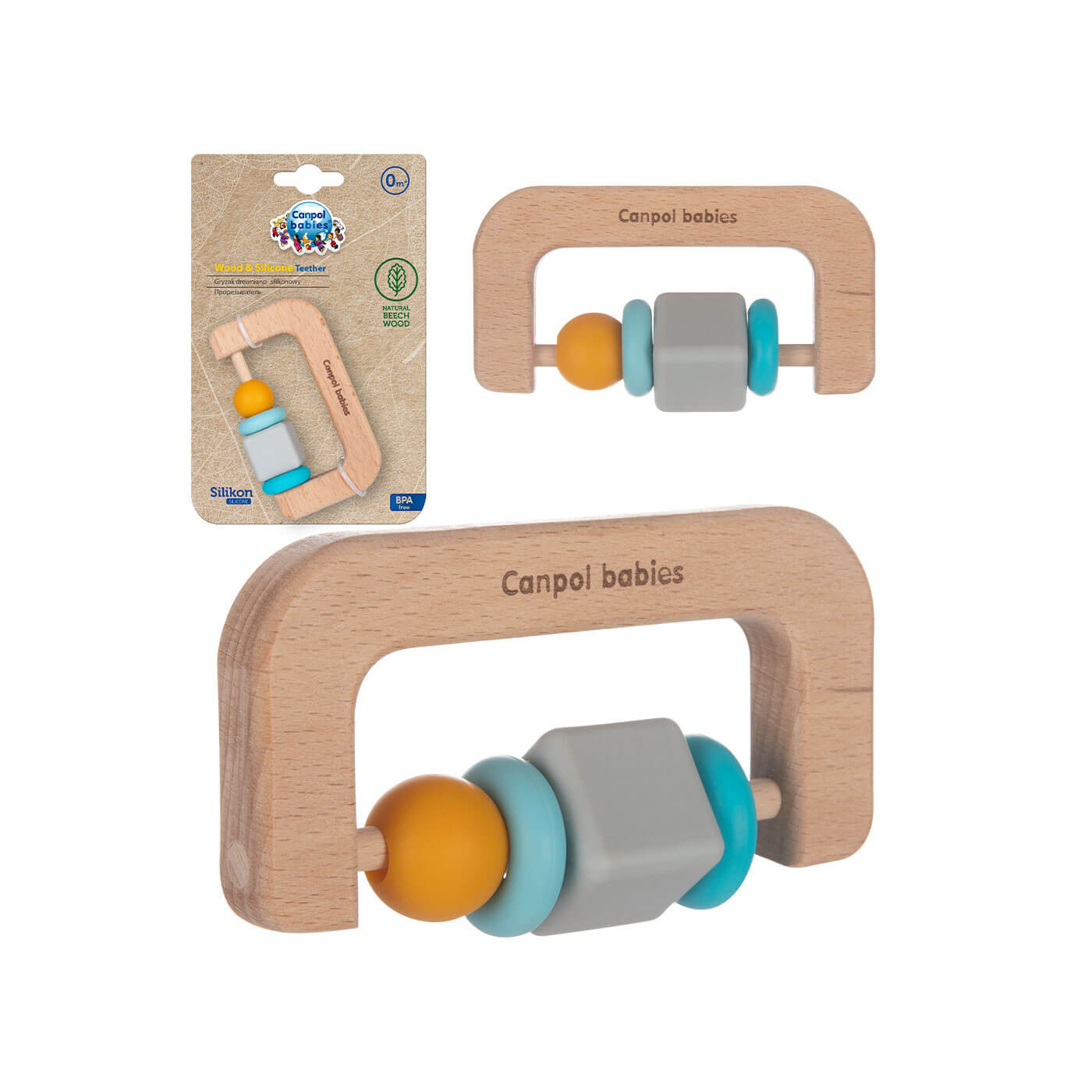 Gryzak drewniano-silikonowy 0 m+ – na ząbkowanie, drewno bukowe, bez BPA