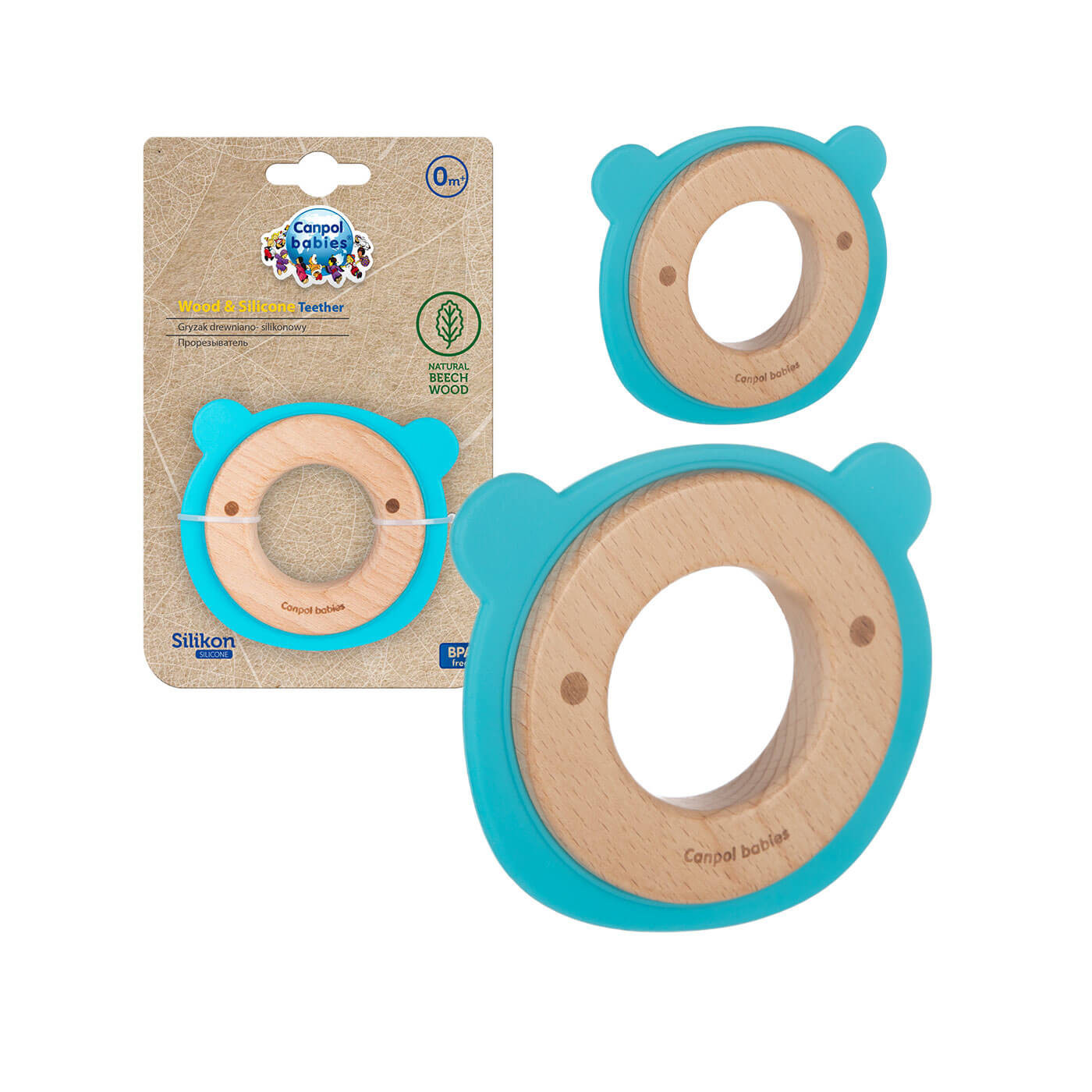 Gryzak drewniano-silikonowy 0 m+ – na ząbkowanie, drewno bukowe, bez BPA Canpol Miś